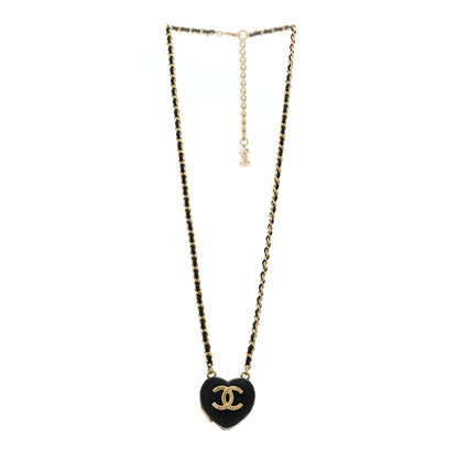 Chanel Lambskin CC Heart Mirror Locket Necklace Gold Black 3 of 5