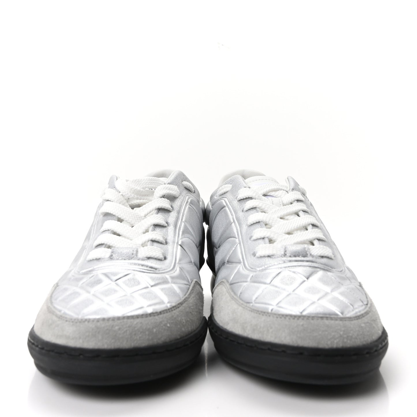 Laminated Lambskin Suede Quilted Womens CC Sneakers 37.5 Silver Gray