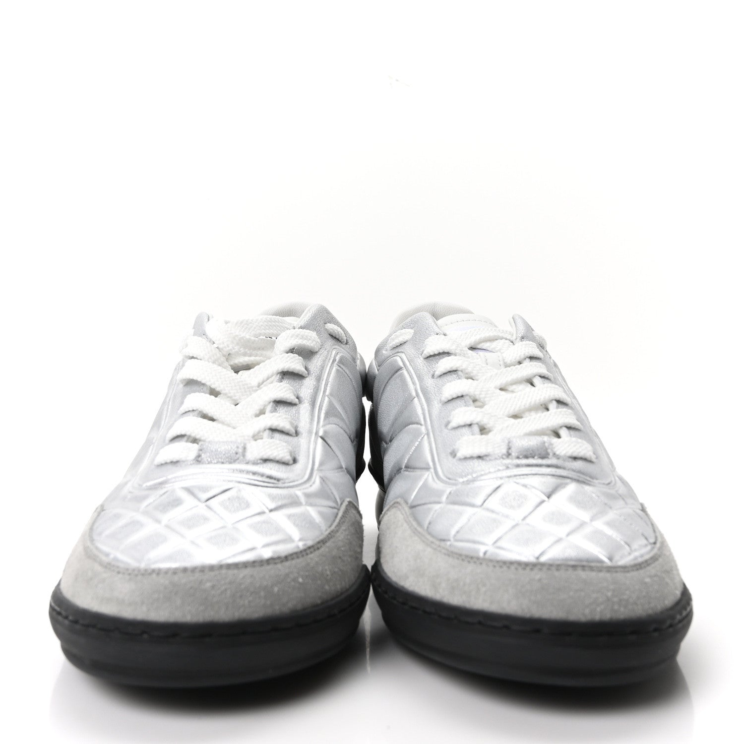 Chanel Laminated Lambskin Suede Quilted Womens CC Sneakers 37.5 Silver Gray 3 of 10