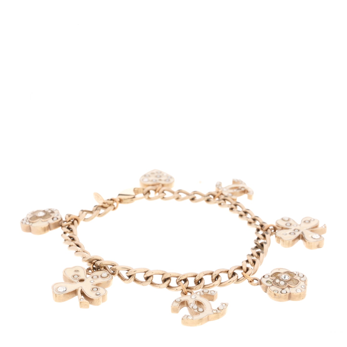 Enamel Crystal Pearl CC Lucky Charms Bracelet Gold White
