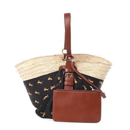 Chloe Smooth Calfskin Raffia Little Horses Medium Panier Basket Black Yellow 1 of 6