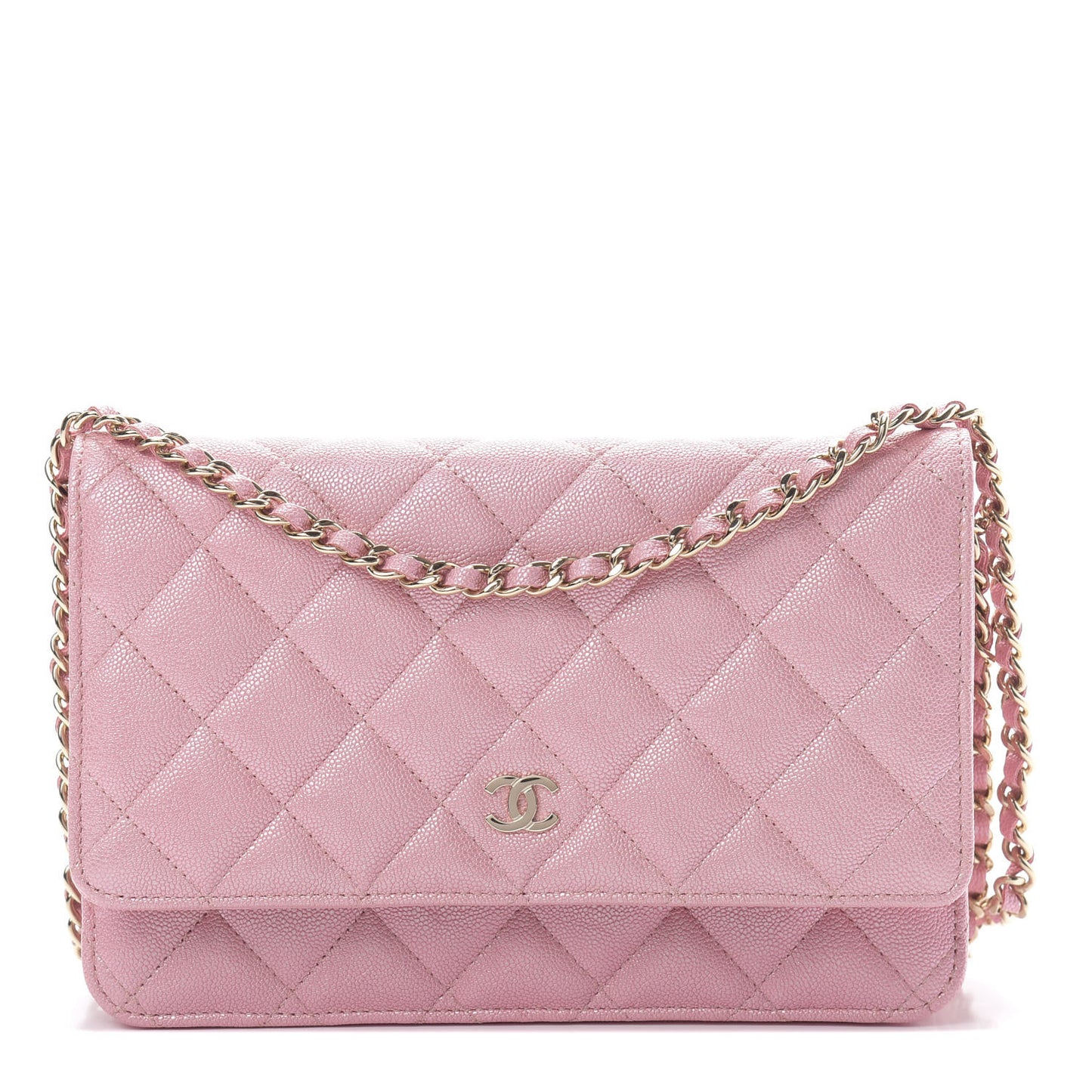 Iridescent Caviar Quilted Wallet on Chain WOC Pink