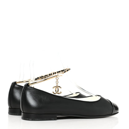 Chanel Lambskin Patent Calfskin Cap Toe Ankle Chain Ballerina Flats 38 Black 4 of 8