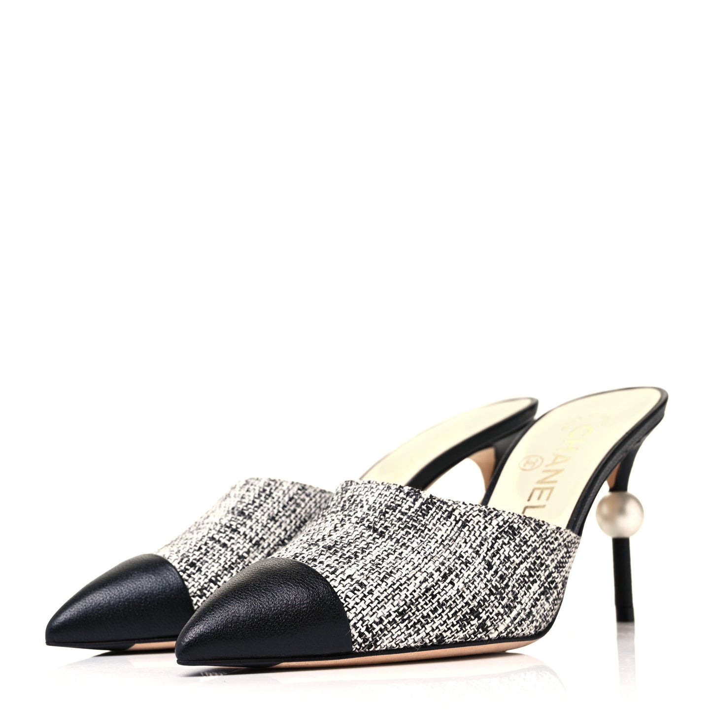 Tweed Goatskin Pearl Mules 36.5 Black White