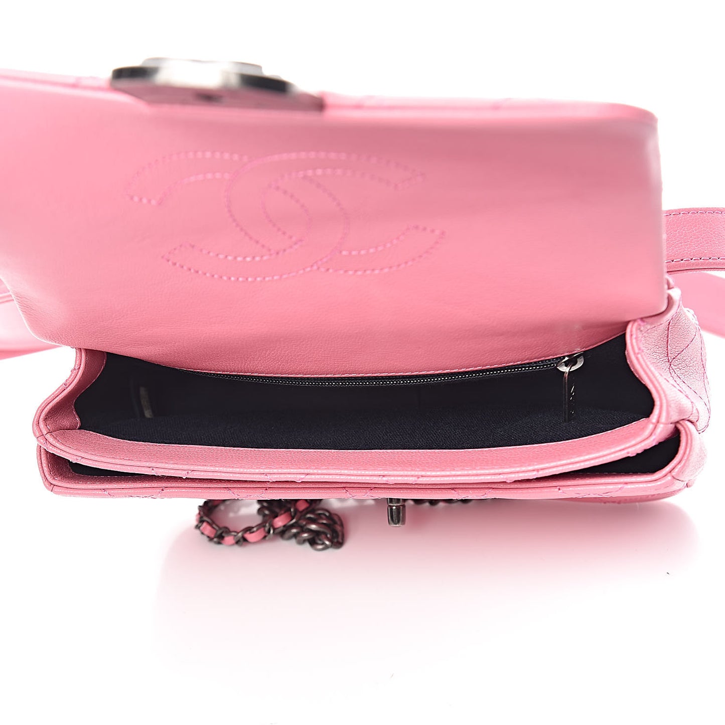 Shiny Goatskin Quilted Small Double Carry Waist Chain Flap Pink