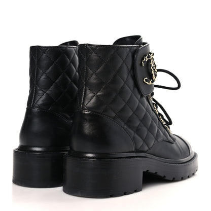 Chanel Shiny Calfskin Quilted Lace Up Combat Boots 38 Black 4 of 8