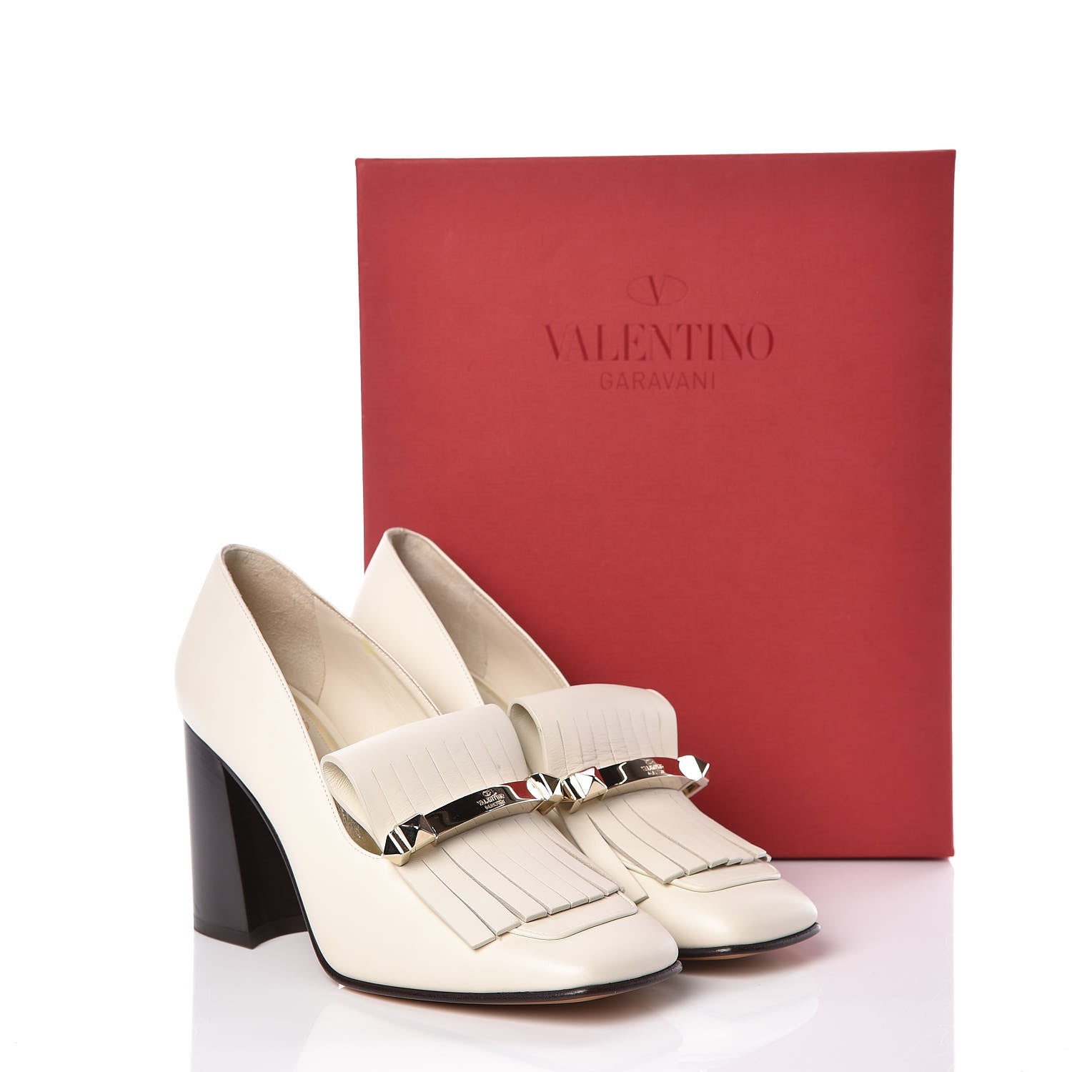 Valentino Garavani Calfskin Rockstud Uptown Fringe Loafer 90 Pumps 38.5 Light Ivory 10 of 10