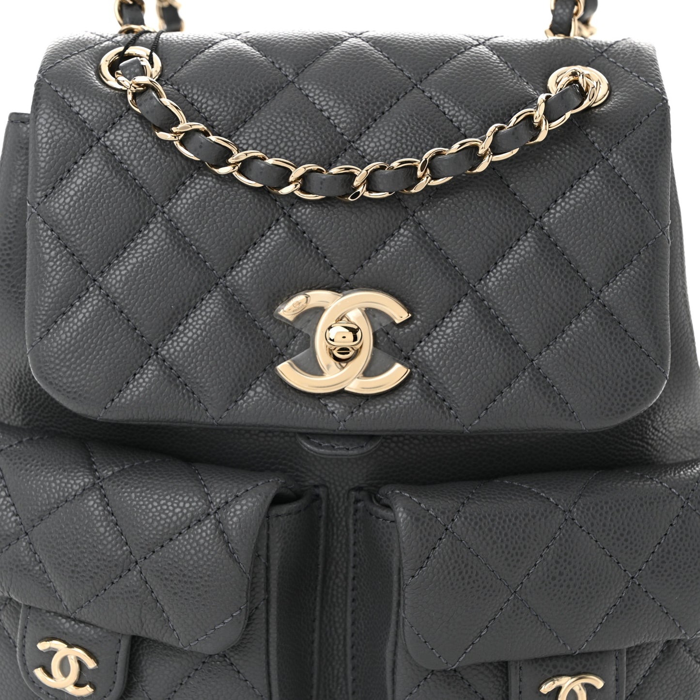 Shiny Caviar Quilted Medium Duma Pockets Drawstring Backpack Grey