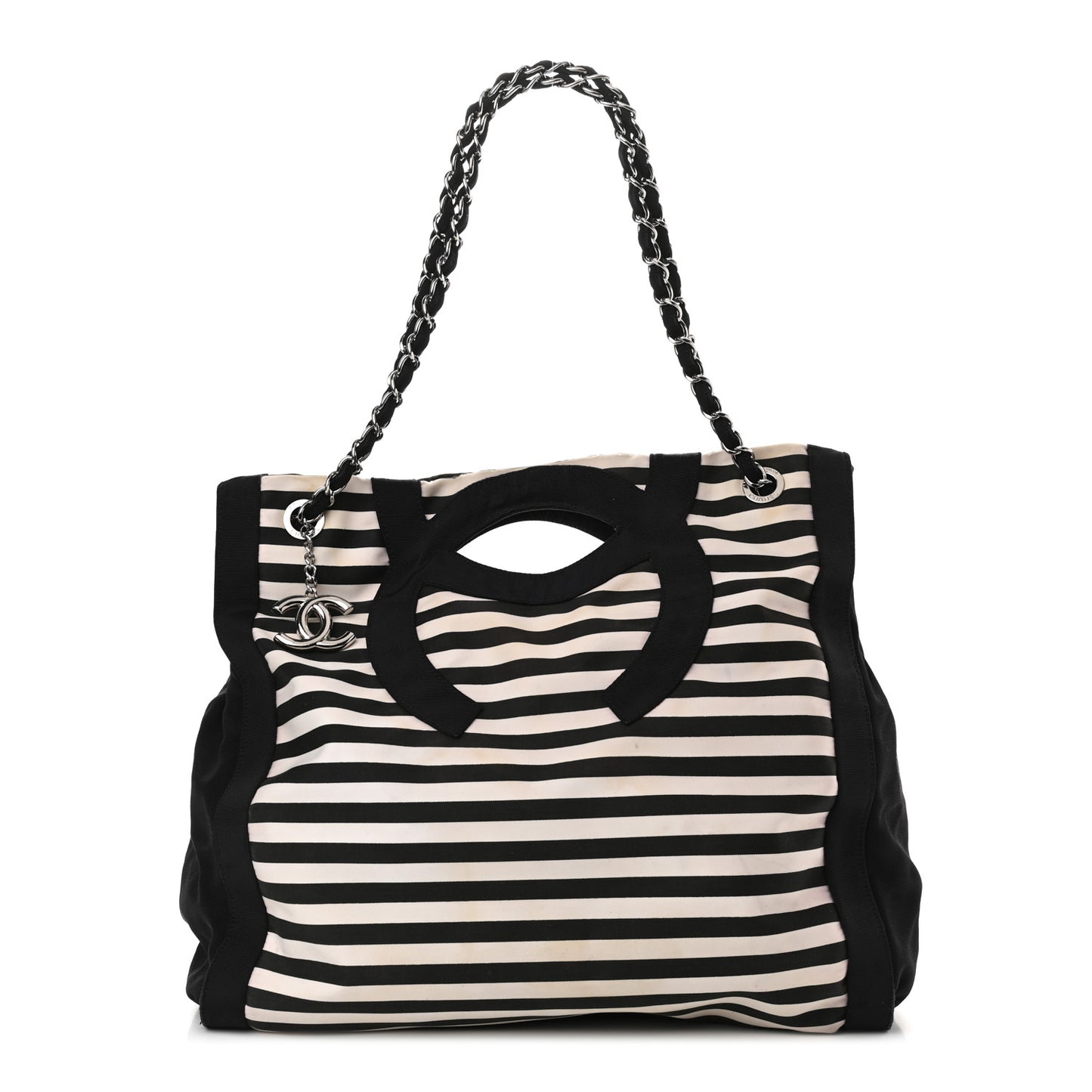 Striped Canvas CC Shopping Tote Black White