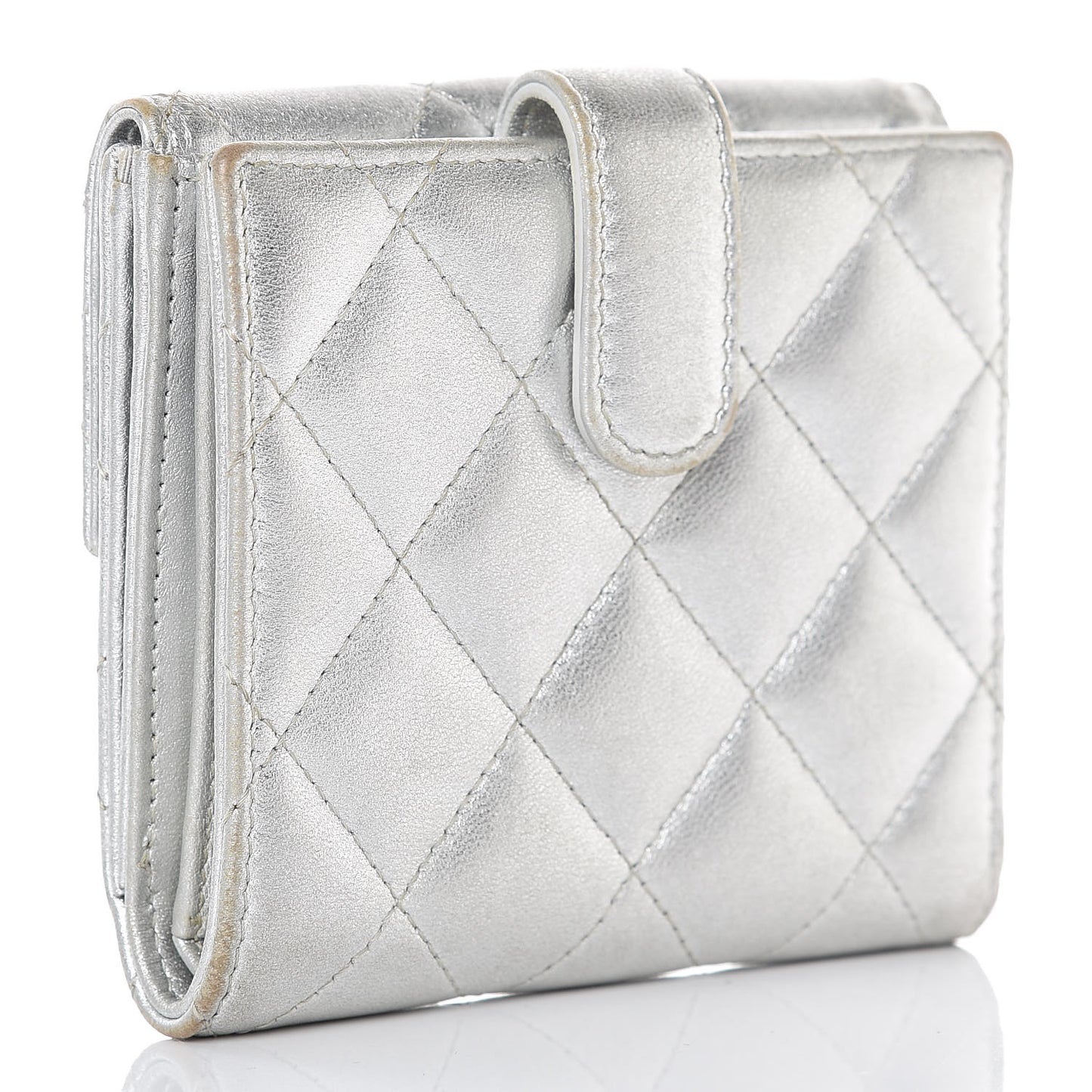 Metallic Lambskin Quilted Compact French Flap Wallet Silver