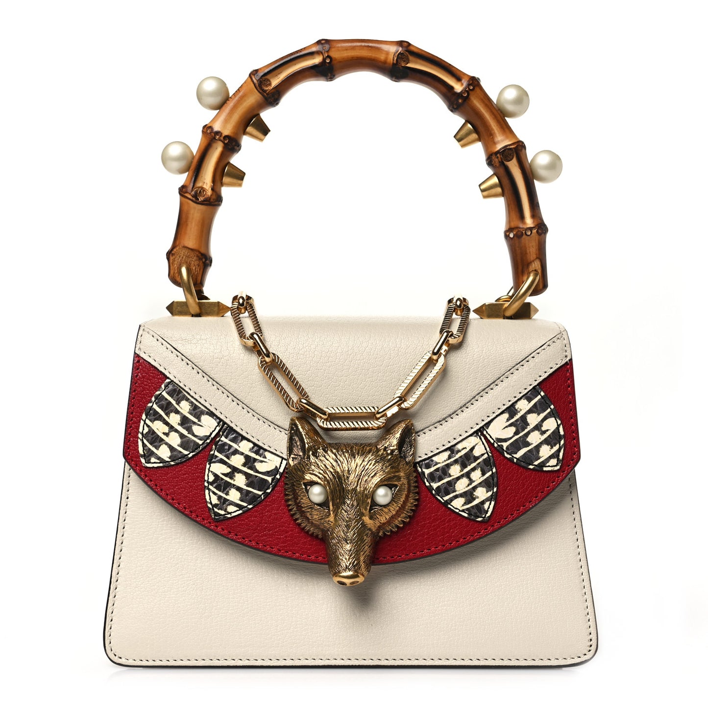 Goatskin Pearl Mini Fox Broche Bamboo Top Handle Bag Hibiscus Red Mystic White