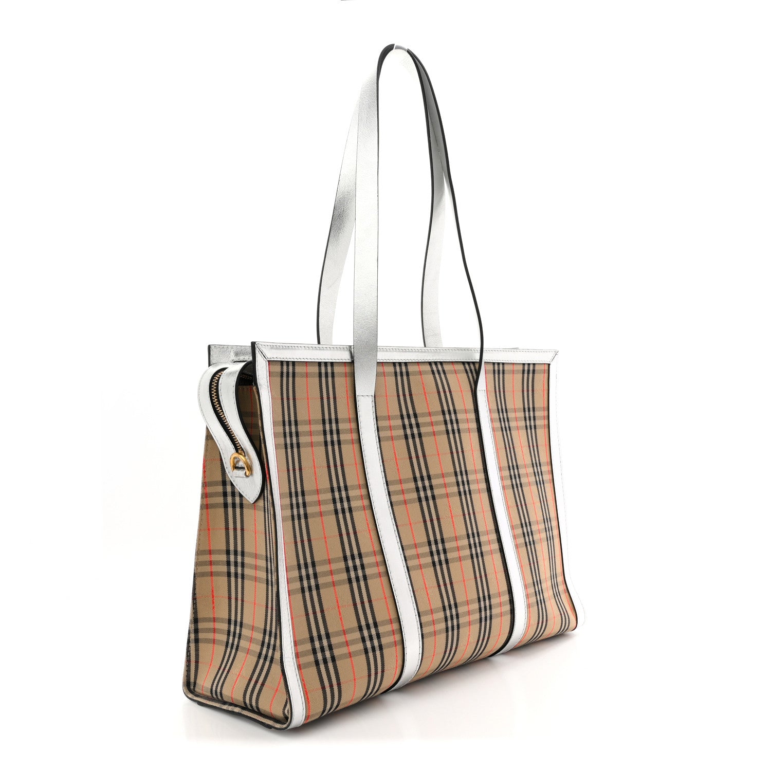 Burberry Metallic Calfskin 1983 Knight Check Link Zip Tote Silver