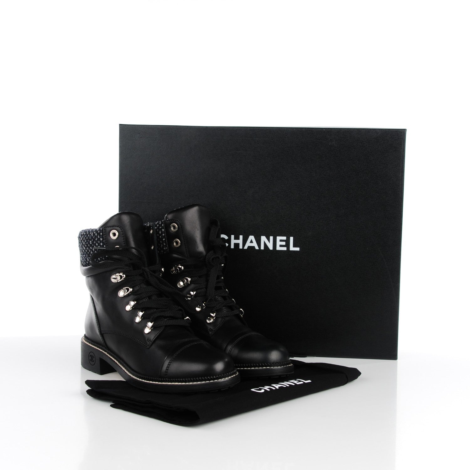 Chanel Calfskin Wool Combat Boots 40 Black 5 of 9