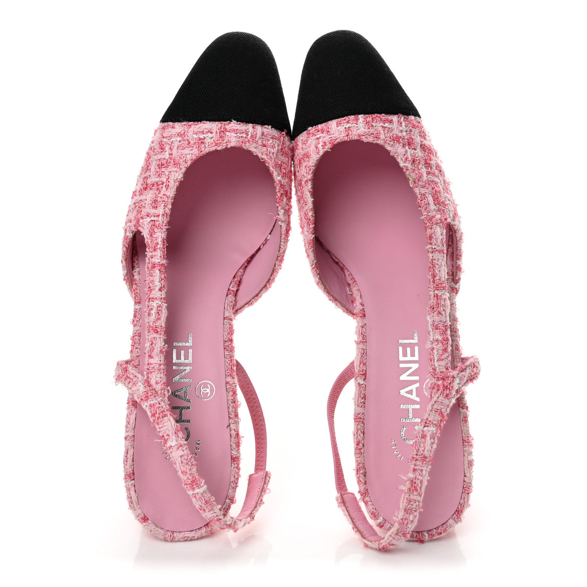 Tweed Grosgrain Cap Toe CC Slingback Pumps 40 Pink Black