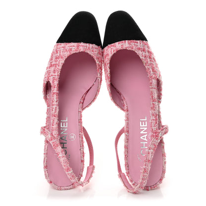 Chanel Tweed Grosgrain Cap Toe CC Slingback Pumps 40 Pink Black 2 of 10