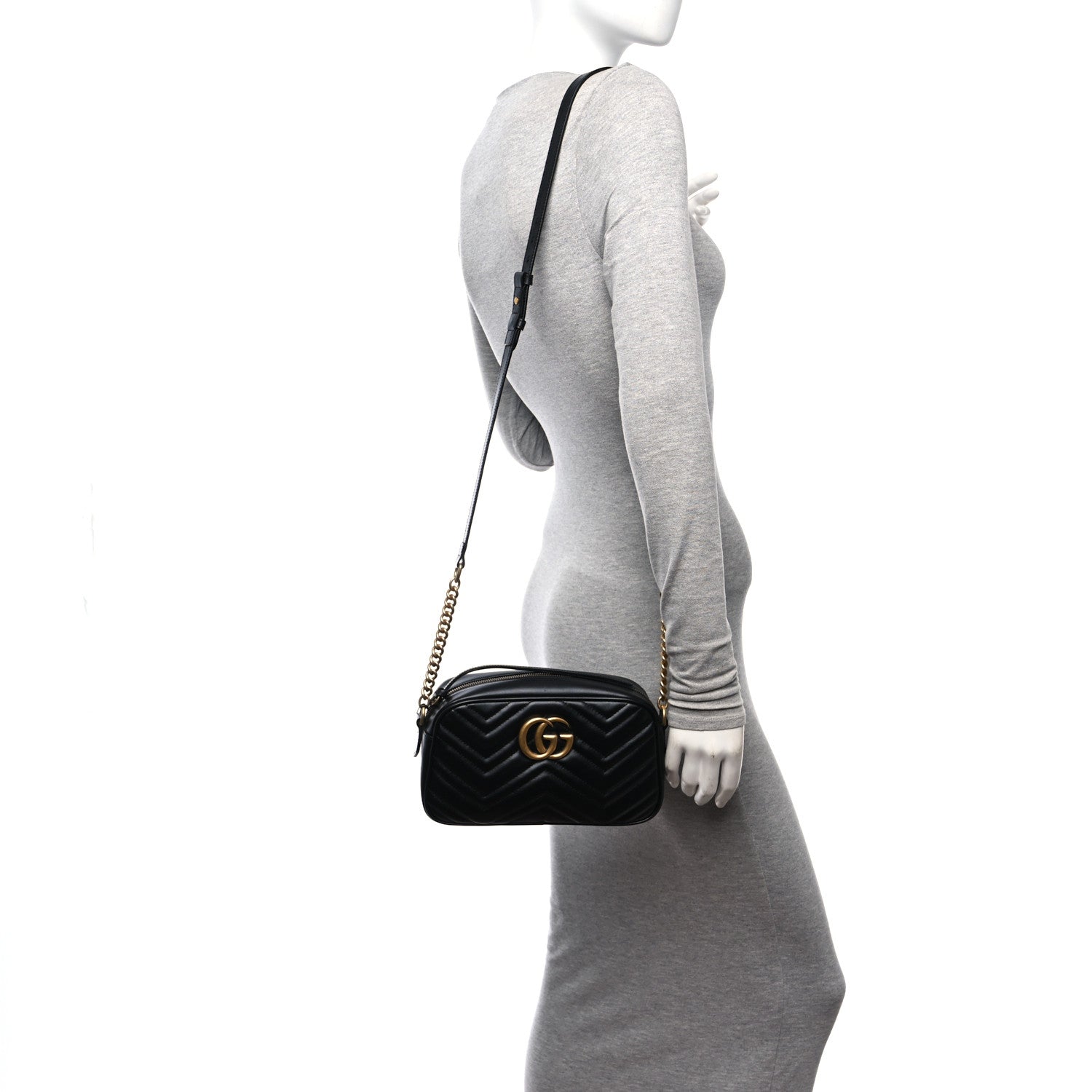 Gucci Calfskin Matelasse Small GG Marmont Chain Shoulder Bag Black 2 of 14