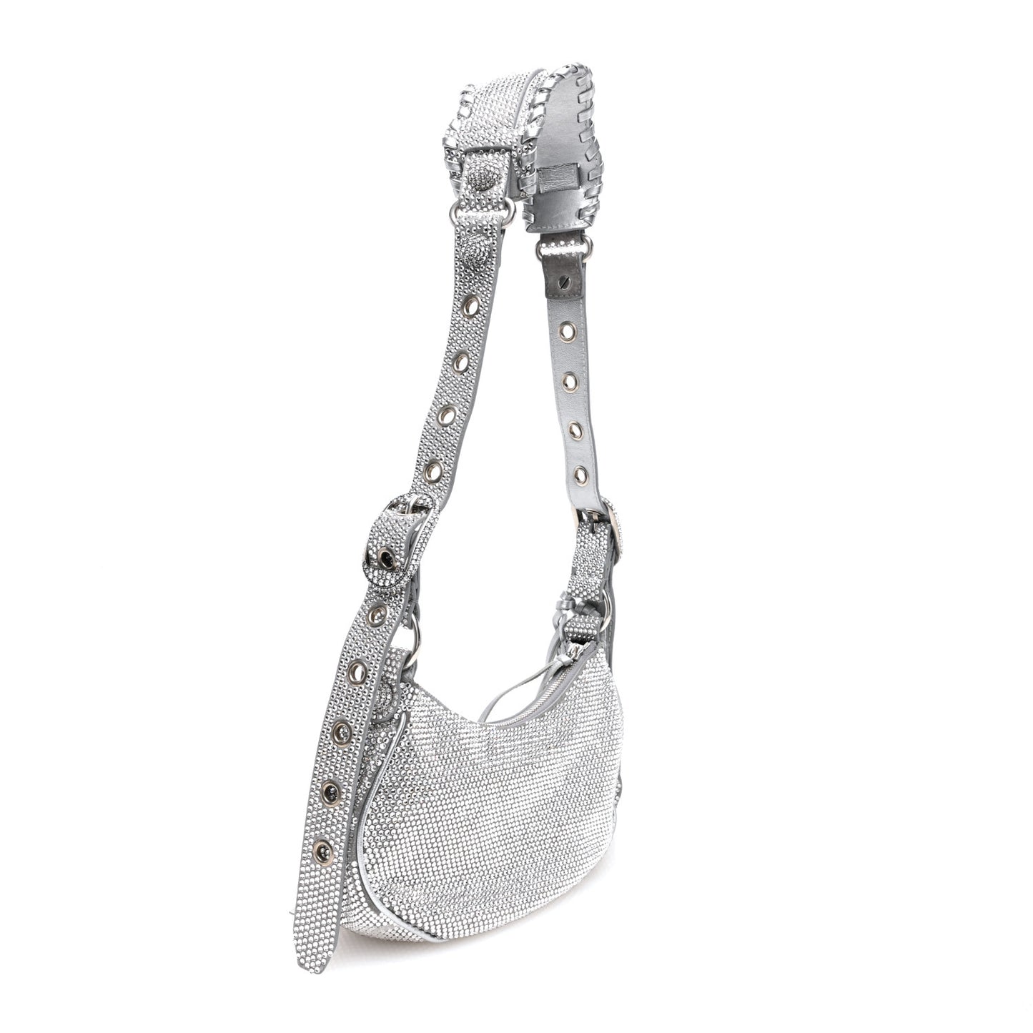 Rhinestone Encrusted Le Cagole Shoulder Bag XS Silver