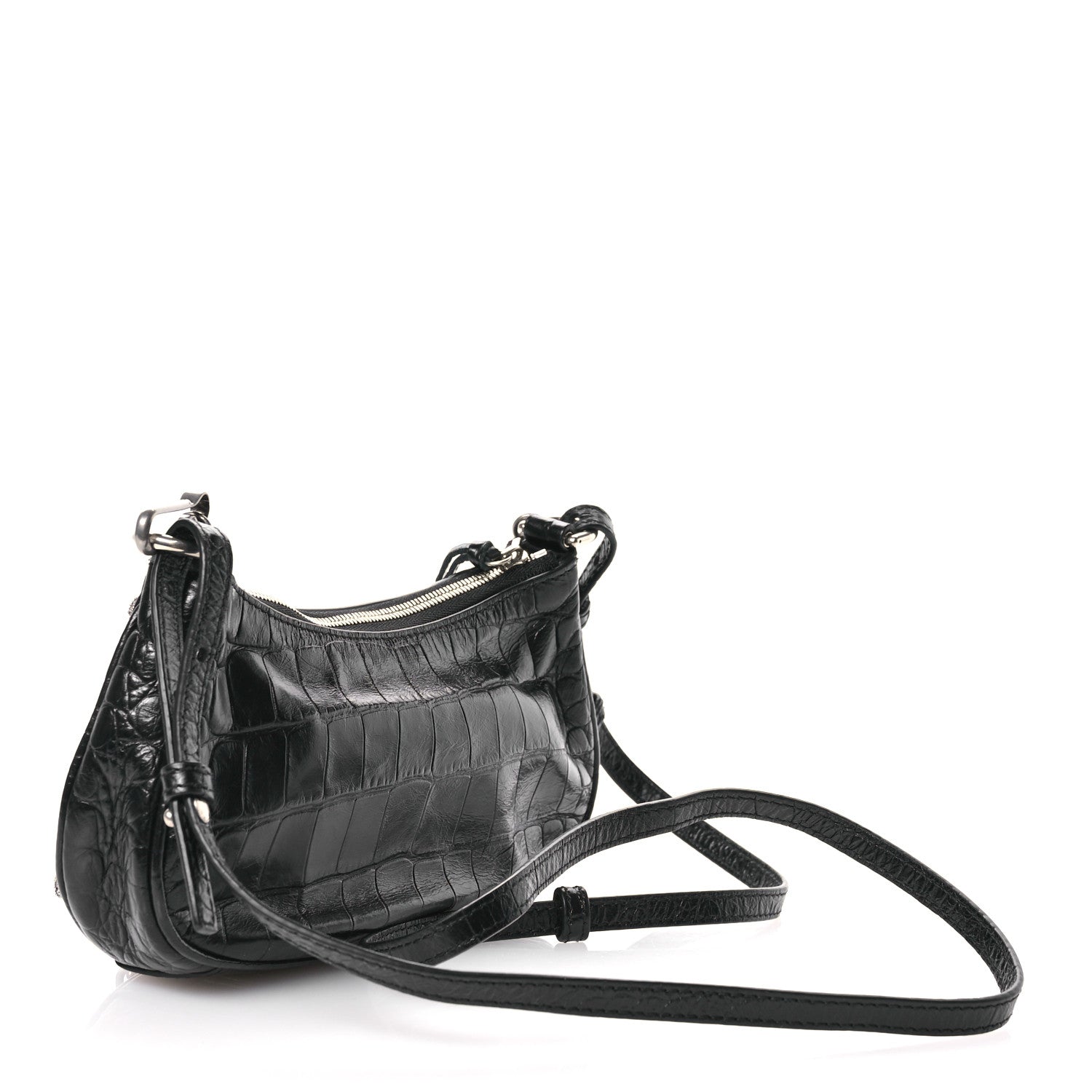 Balenciaga Extra Supple Calfskin Crocodile Embossed Crystal Le Cagole Mini Purse With Chain Black 3 of 10