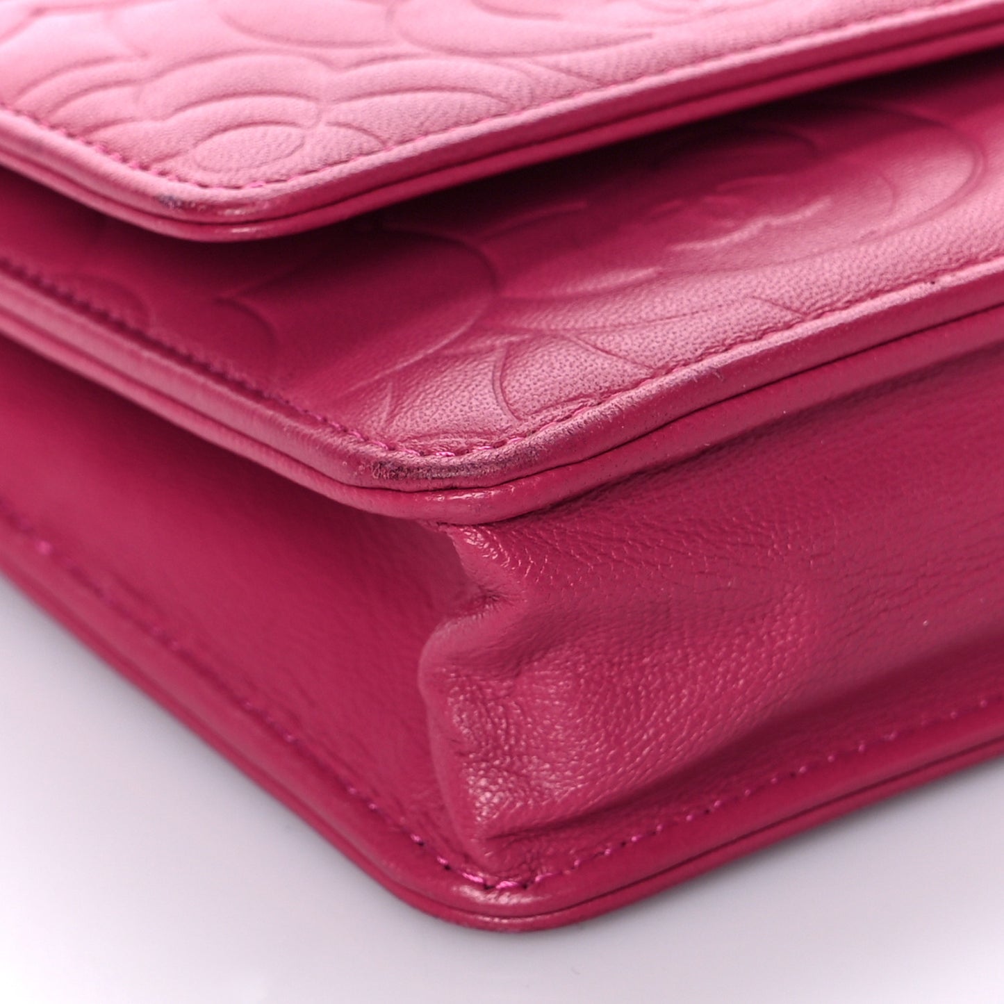 Lambskin Camellia Embossed Wallet On Chain WOC Fuchsia