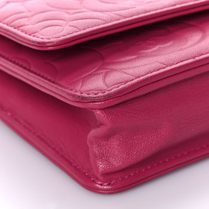 Chanel Lambskin Camellia Embossed Wallet On Chain WOC Fuchsia 7 of 11