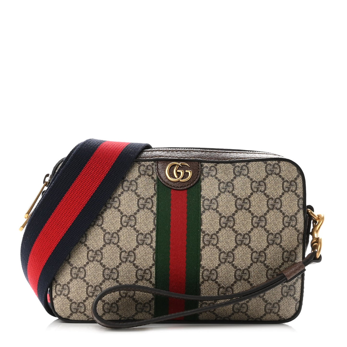 GG Supreme Monogram Textured Dollar Calfskin Web Ophidia Wristlet Shoulder Bag Beige Ebony New Acero