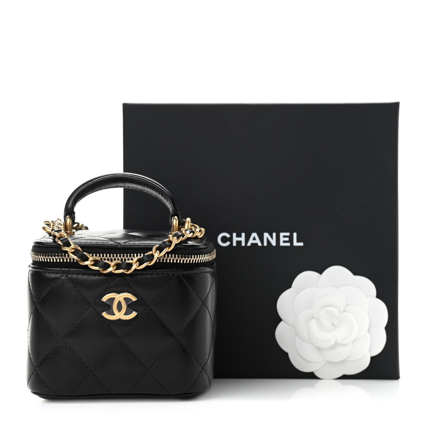 Lambskin Quilted Top Handle Mini Vanity Case With Chain Black
