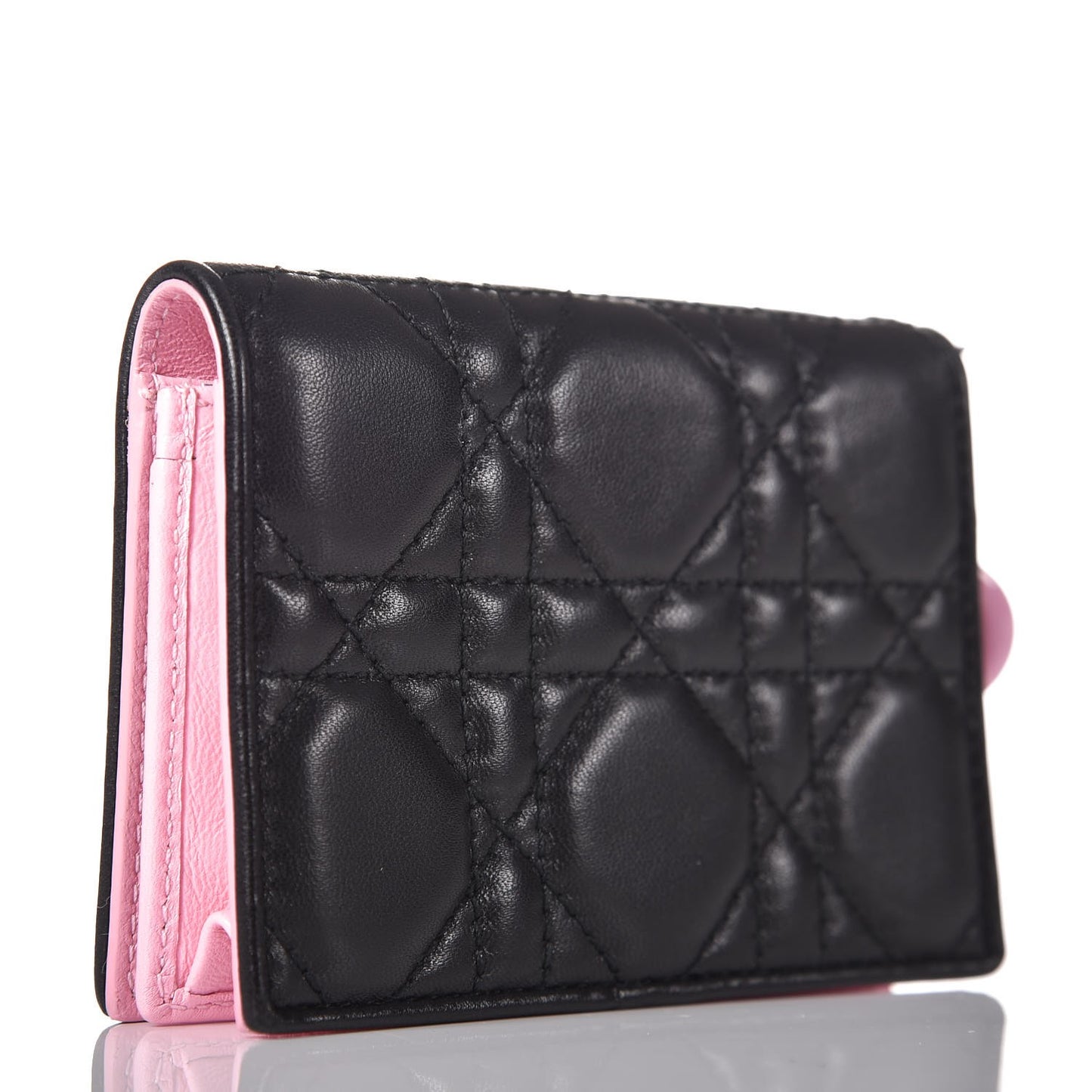 Lambskin Cannage Bi-Color Small Lady Dior Flap Card Holder Black Pink