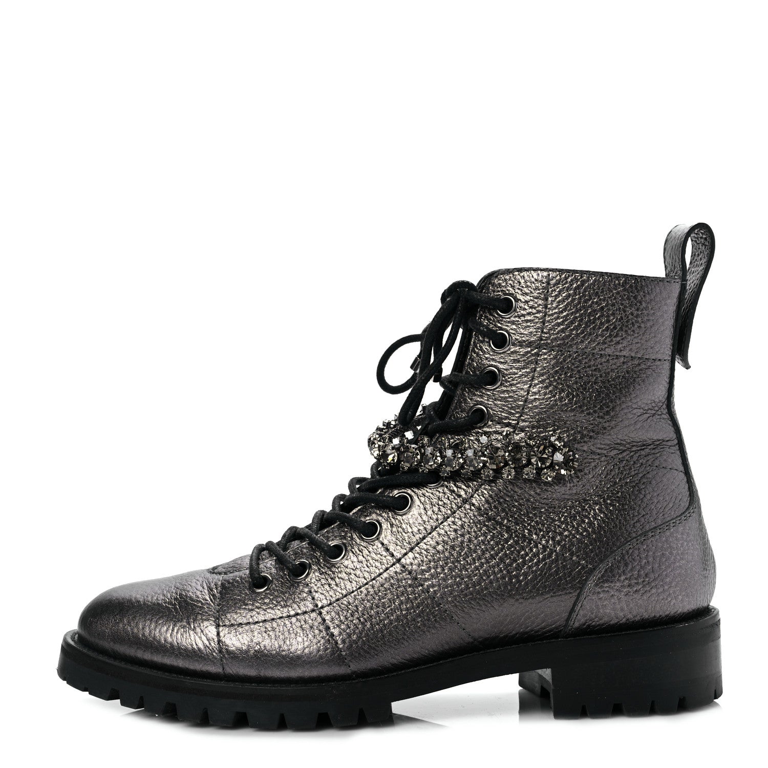 Jimmy Choo Metallic Grained Calfskin Crystal Embellished Cruz Combat Boots 37.5 Silver 1 of 6