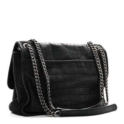 Saint Laurent Nubuck Crocodile Embossed Monogram Medium Niki Chain Satchel Black 3 of 10