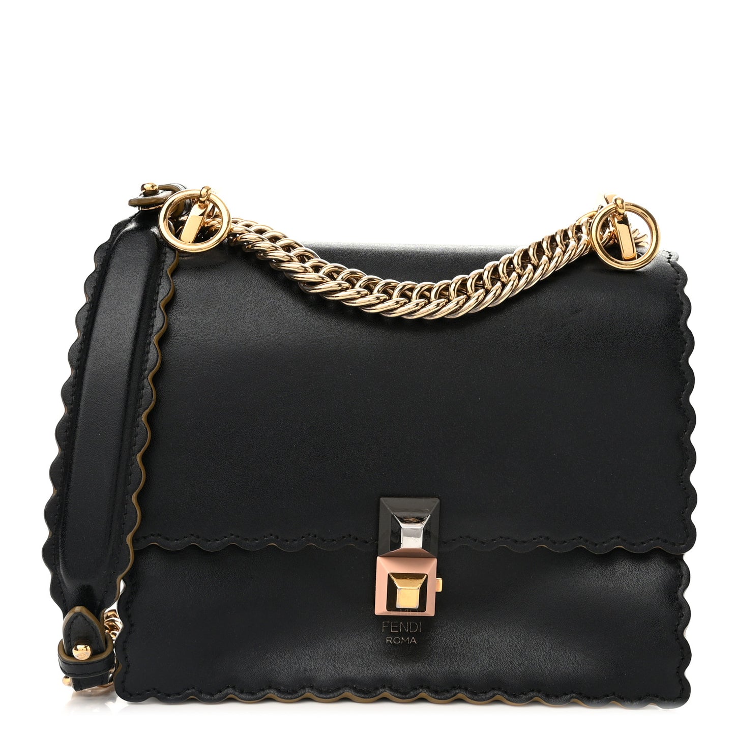 Vitello Liberty Scalloped Studded Small Kan I Shoulder Bag Black