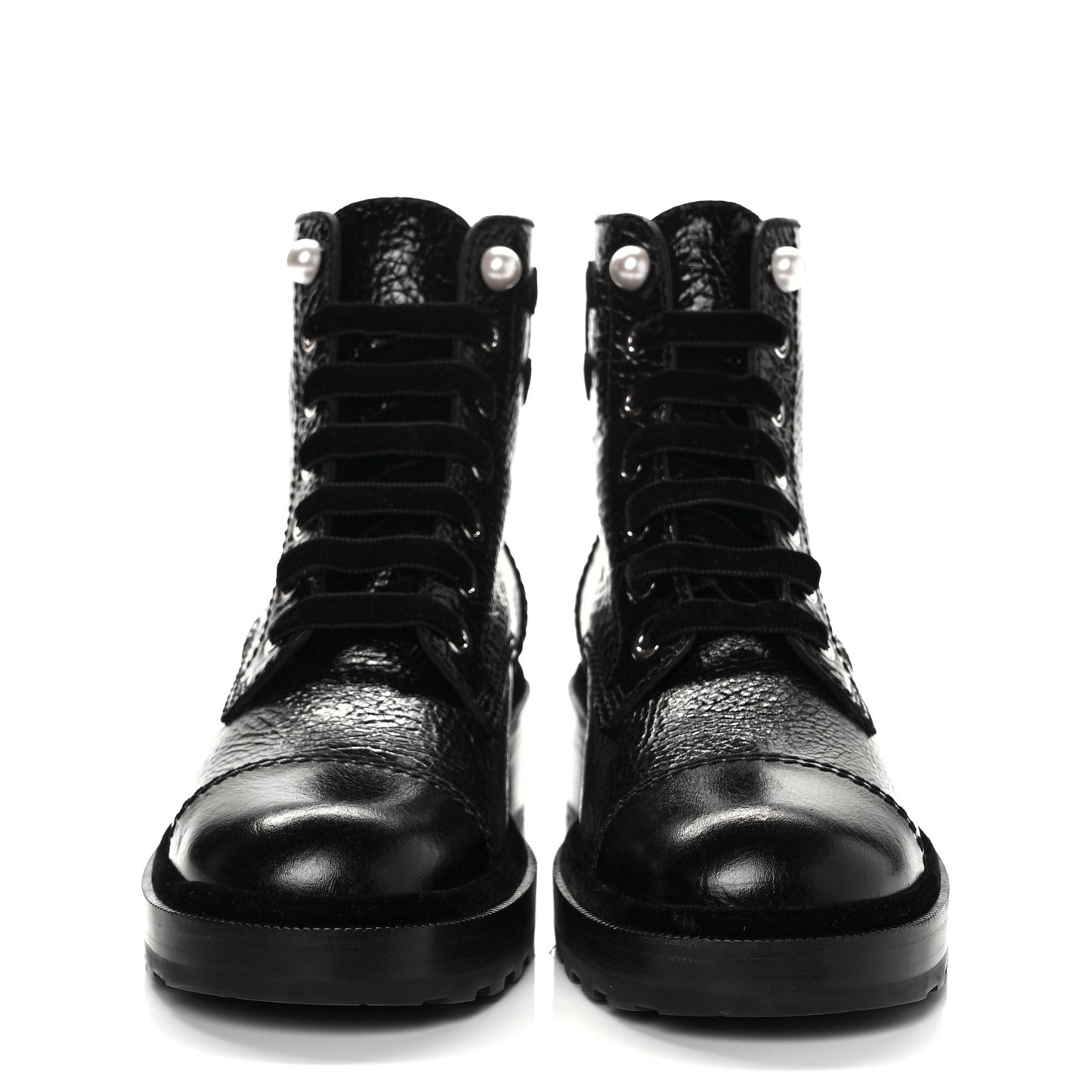 Shiny Calfskin Velvet Pearl Combat Short Boots 38.5 Black
