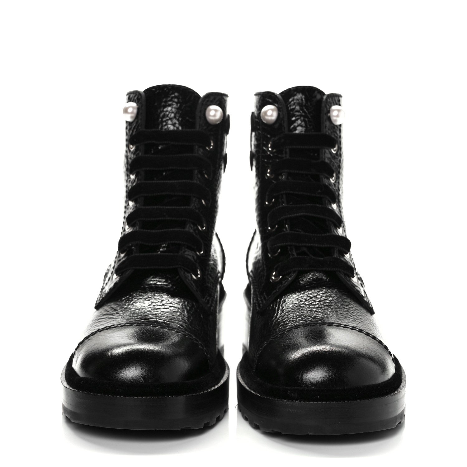 Chanel Shiny Calfskin Velvet Pearl Combat Short Boots 38.5 Black 2 of 8