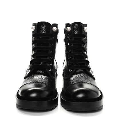 Chanel Shiny Calfskin Velvet Pearl Combat Short Boots 38.5 Black 2 of 8