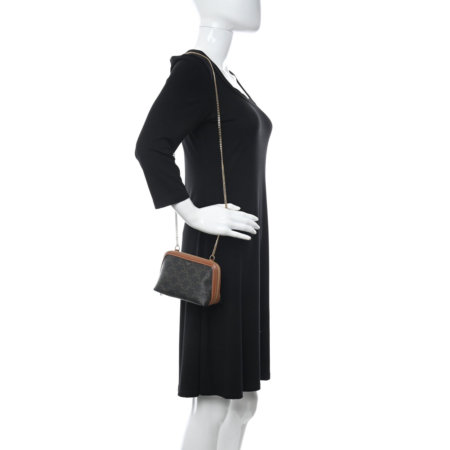 Triomphe Canvas Calfskin Mini Clutch on Chain Tan