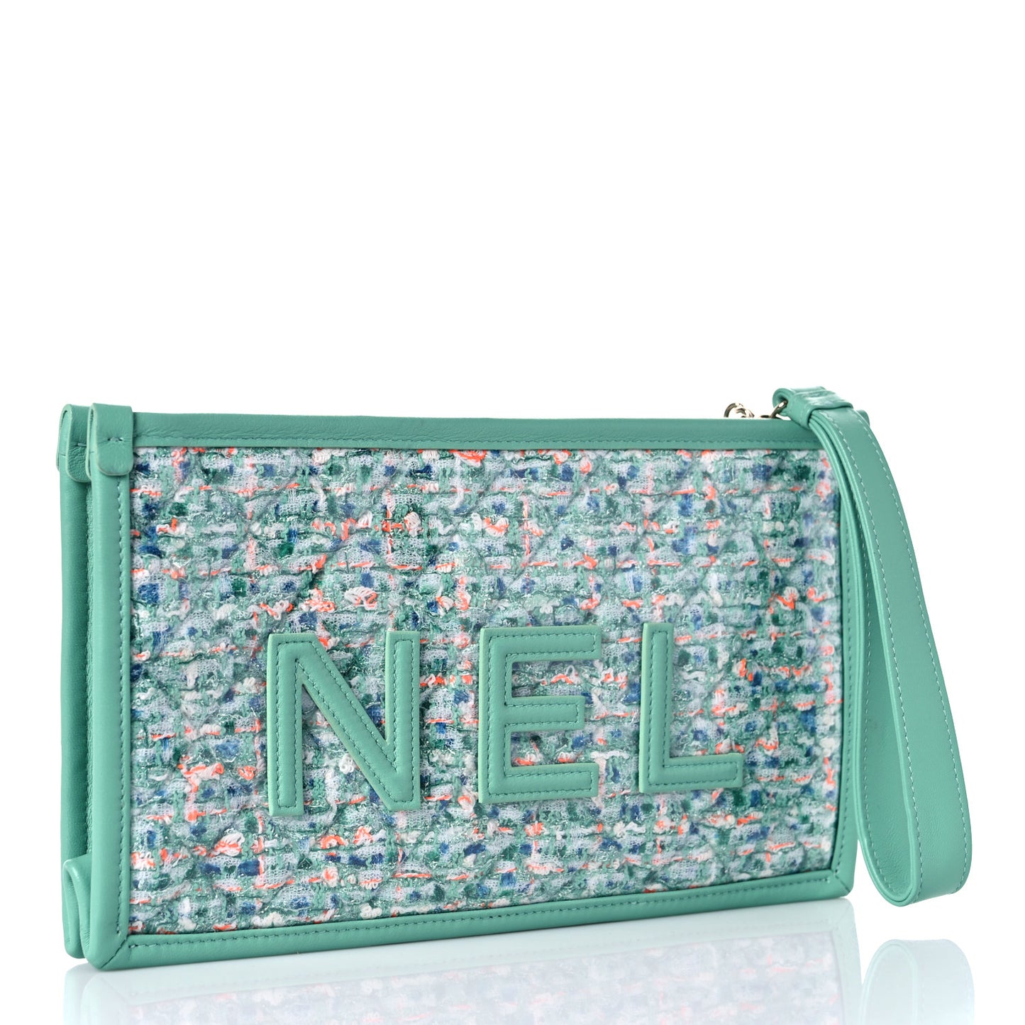 Tweed Lambskin PVC Quilted Wristlet Pouch Green