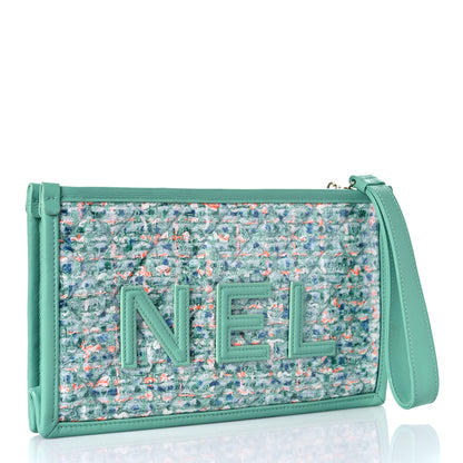 Chanel Tweed Lambskin PVC Quilted Wristlet Pouch Green 3 of 9