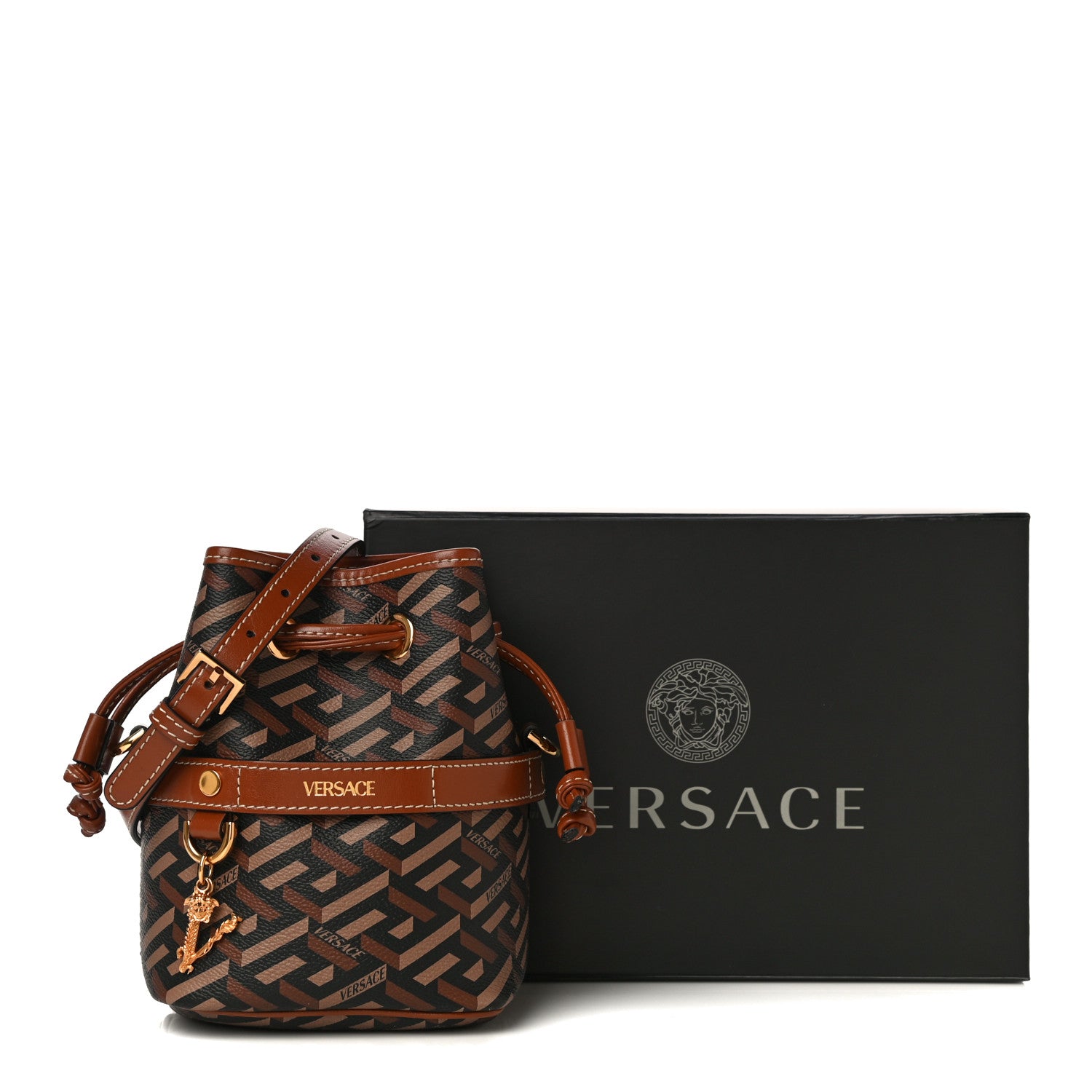 Versace Coated Canvas La Greca Mini Bucket Bag Black Caramel 11 of 11