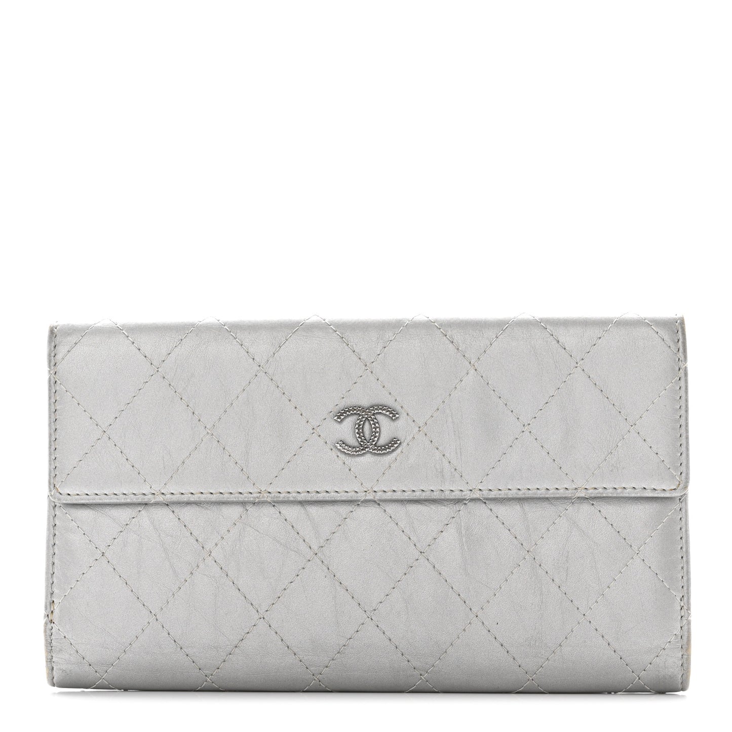 Aged Metallic Calfskin Large Palette Flap Wallet Silver
