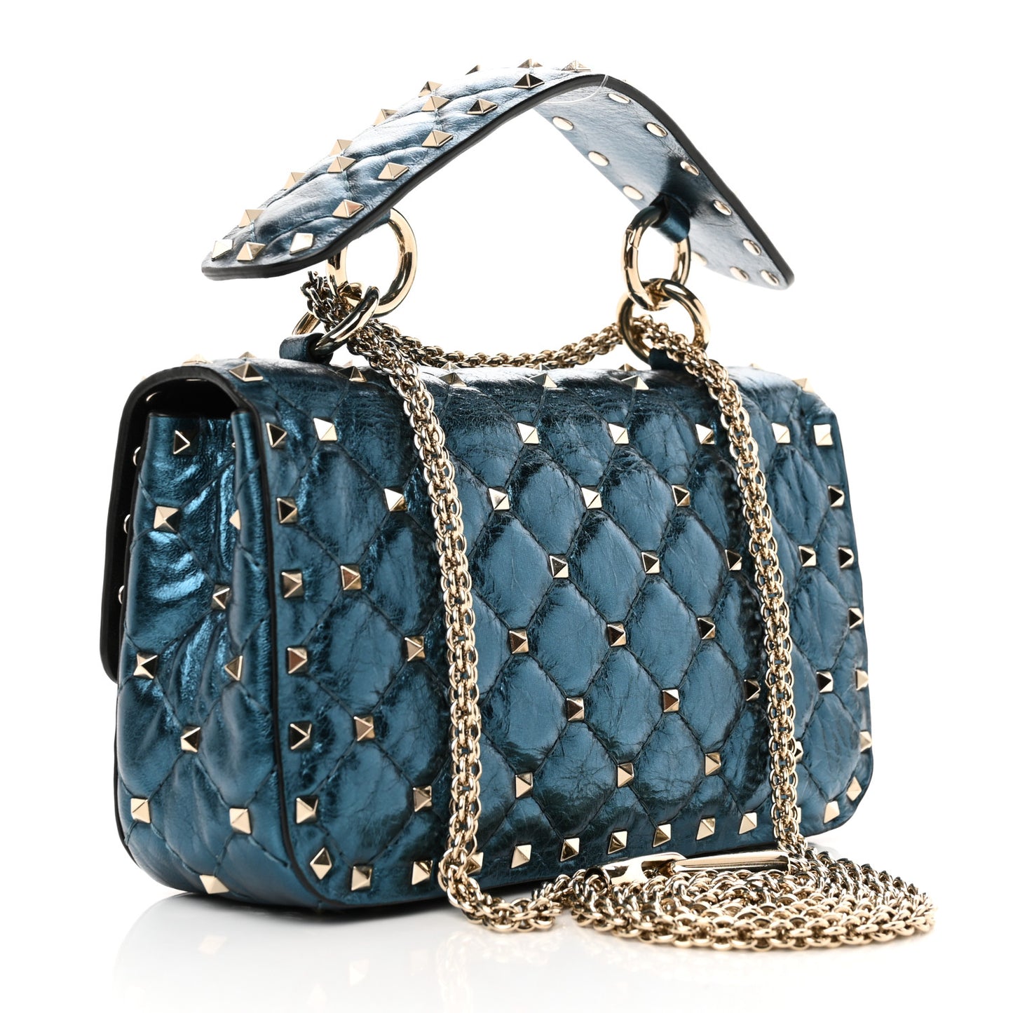 Metallic Wrinkled Lambskin Small Rockstud Spike Shoulder Bag Peacock