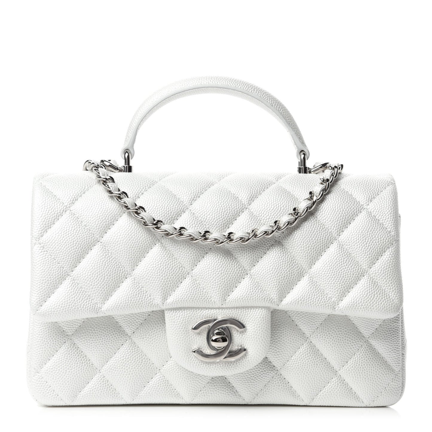 Iridescent Caviar Quilted Mini Top Handle Rectangular Flap White