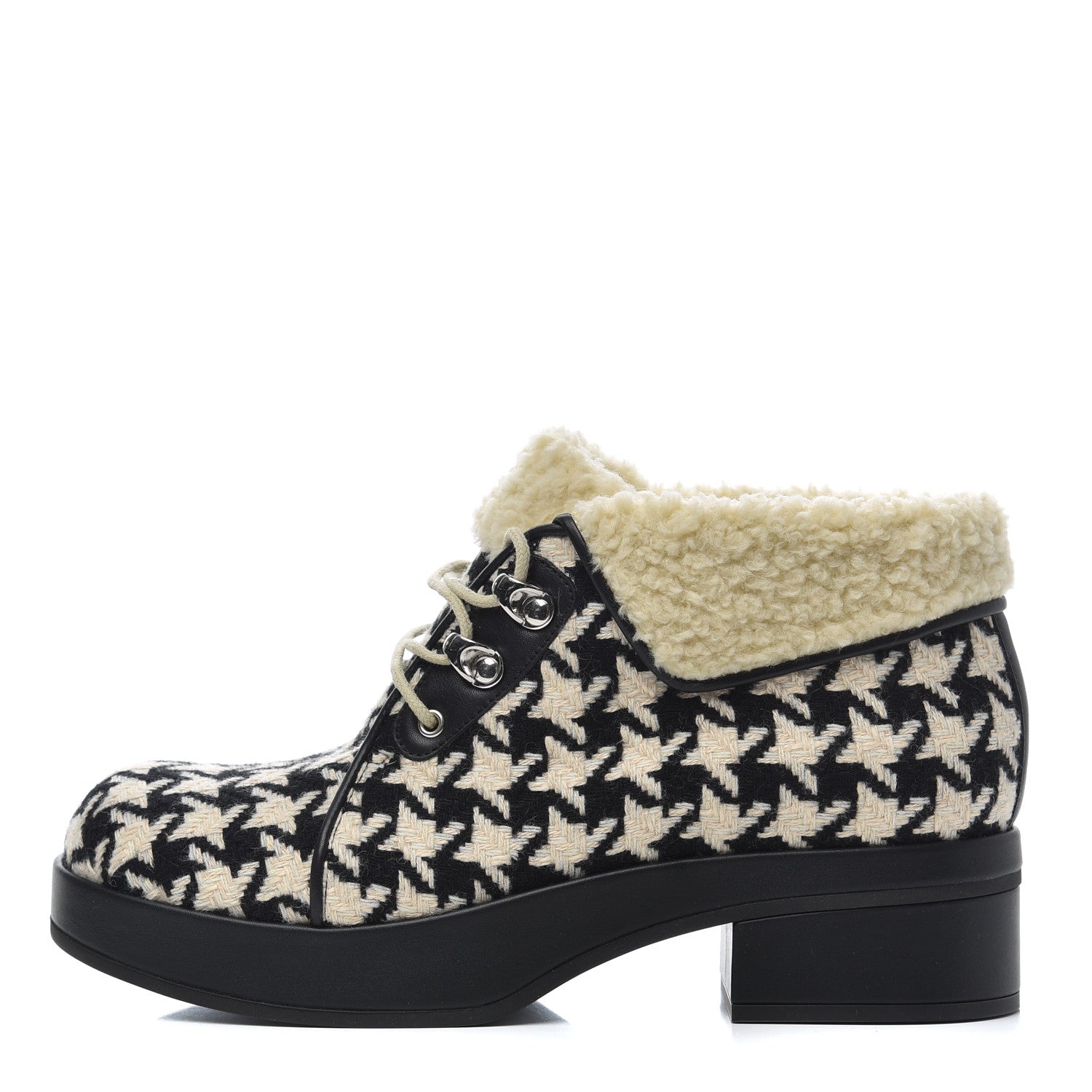 Gucci Optical Tweed Faux Shearling Houndstooth Victor Lace Up Ankle Boots 38 White Black 1 of 8