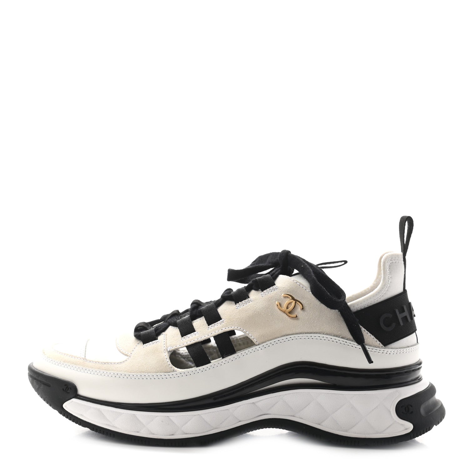Chanel Fabric Calfskin Suede CC Sneakers 40 White Black 1 of 8