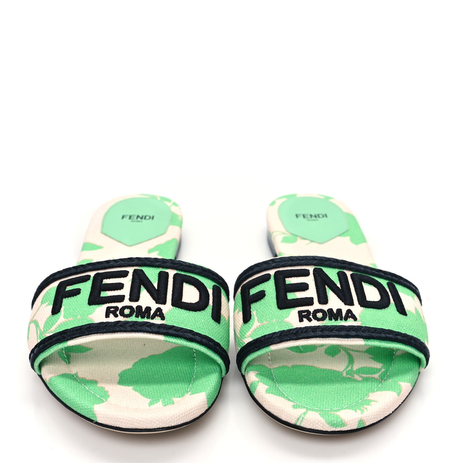 Fendi Canvas Floral Print Logo Flat Slide Sandals 41 Green 2 of 8