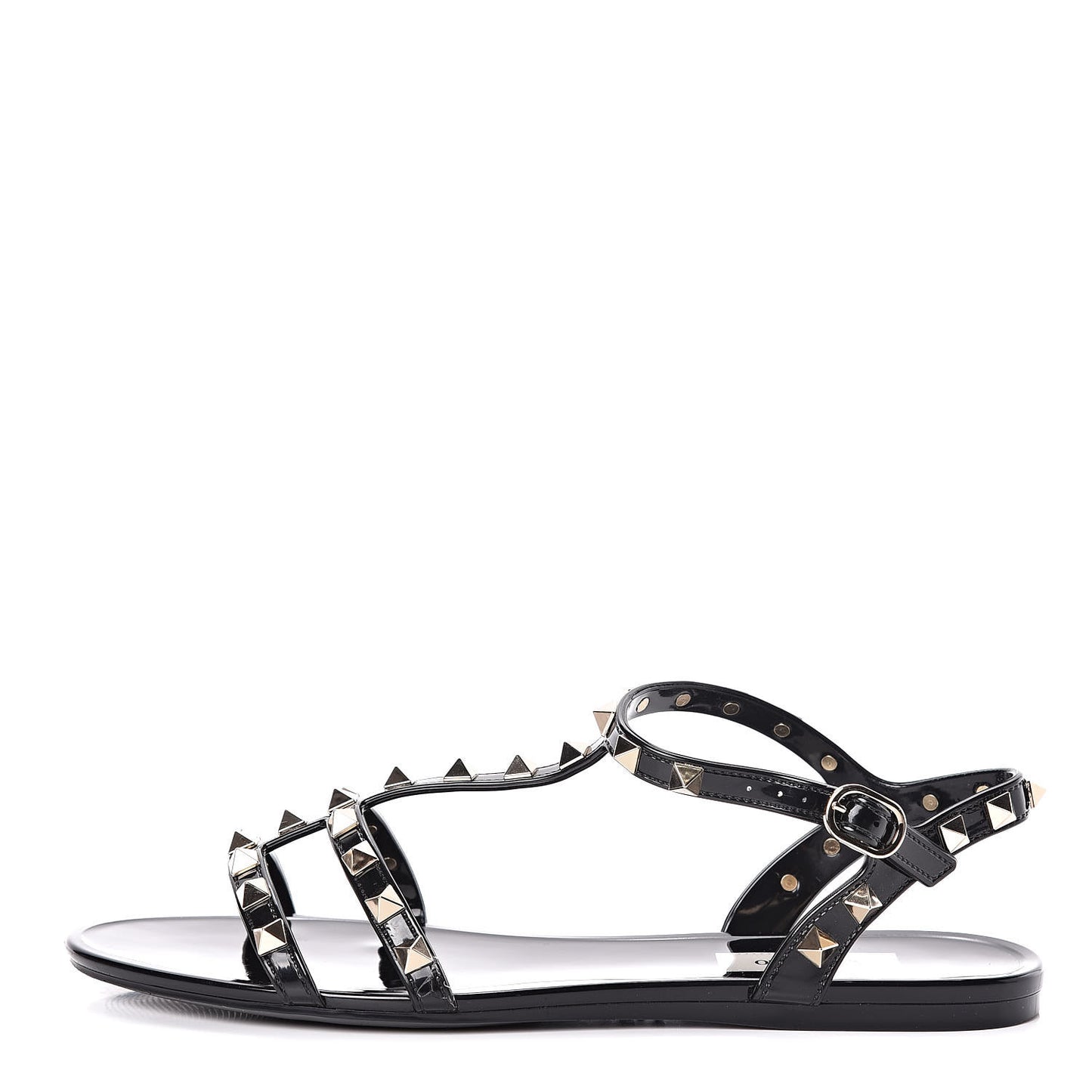 PVC Rockstud T-Strap Caged Flat Sandals 38 Black