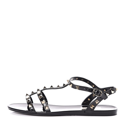 Valentino Garavani PVC Rockstud T-Strap Caged Flat Sandals 38 Black 1 of 8
