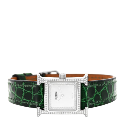 Hermes Stainless Steel Alligator Diamond Bezel Mother of Pearl 17.2mm Heure H Hour Quartz Watch Vert Moyen 2 of 5