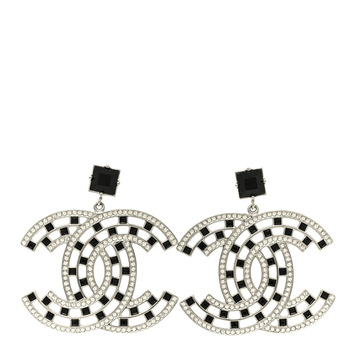 Baguette Crystal CC Drop Earrings Silver Black
