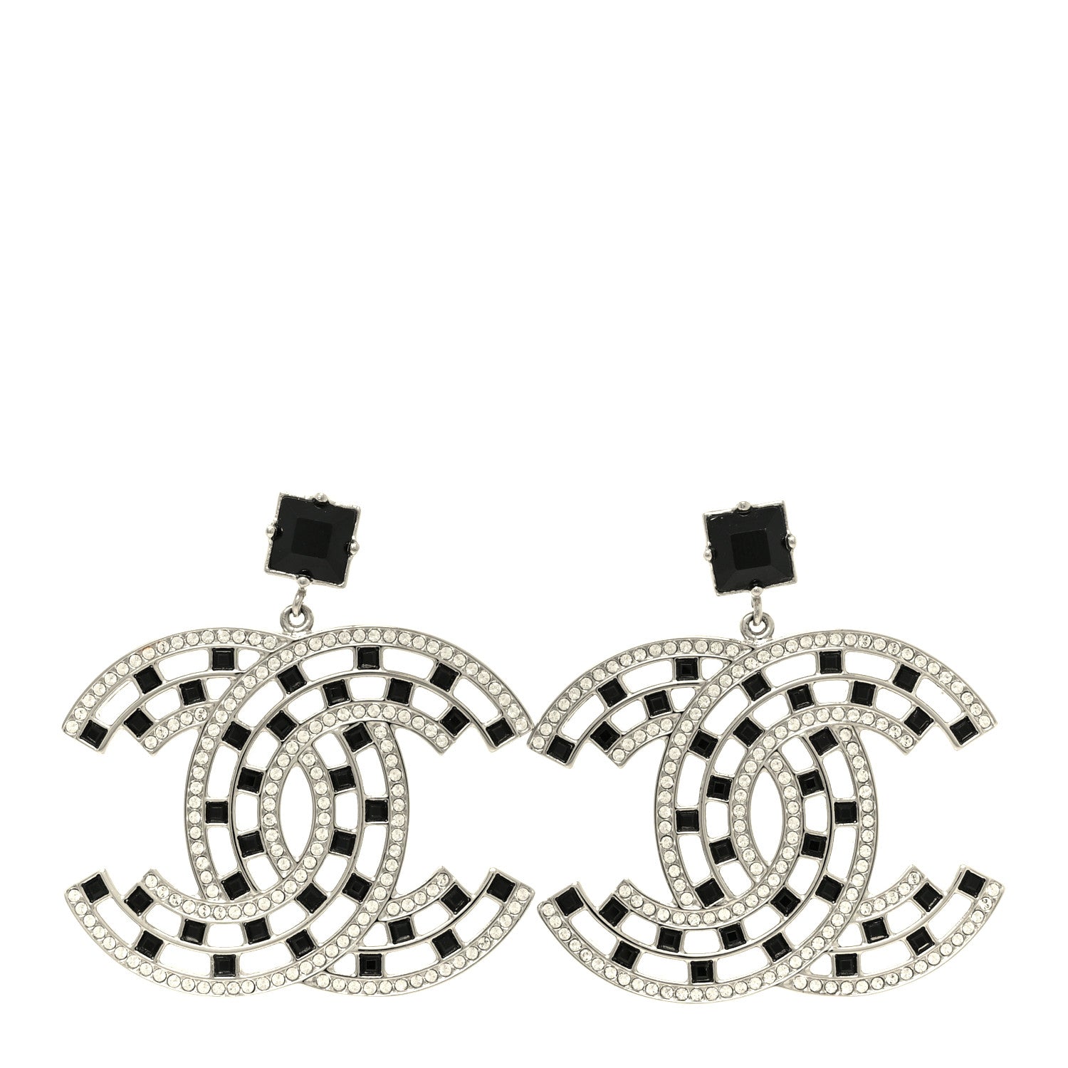 Chanel Baguette Crystal CC Drop Earrings Silver Black 1 of 5