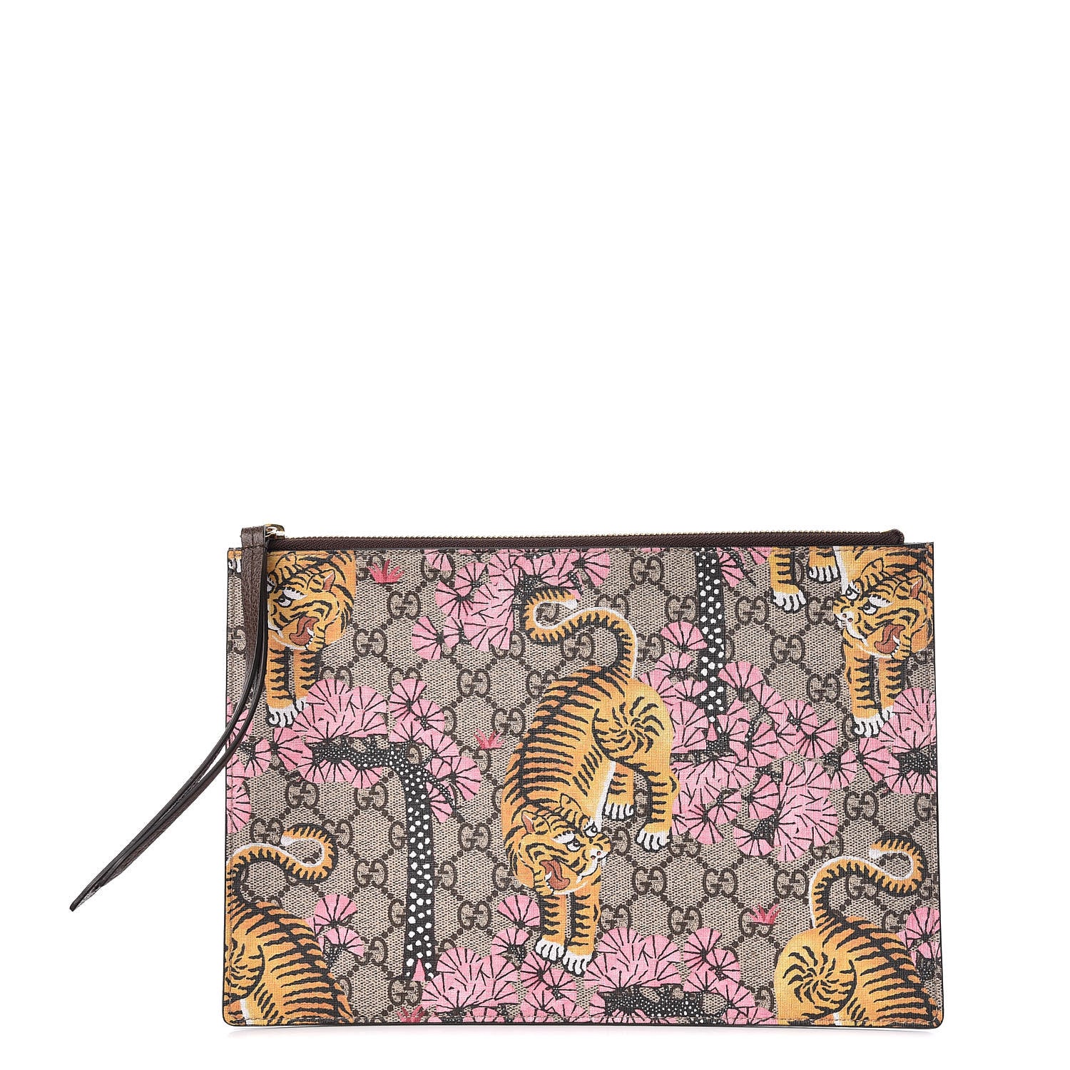 Gucci GG Supreme Monogram Bengal Zip Pouch Beige New Acero Crop Pink 1 of 10