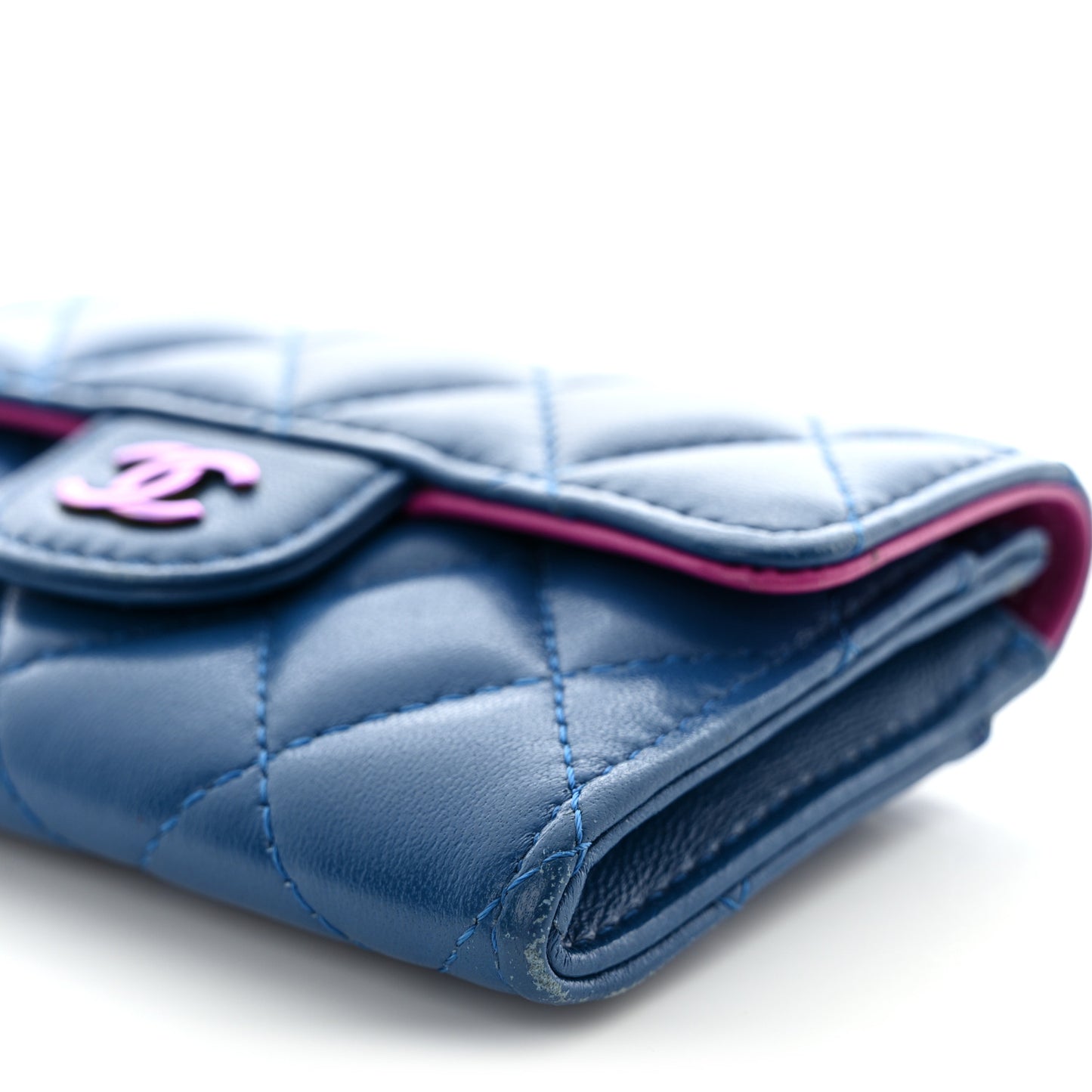 Lambskin Quilted Flap Card Holder Wallet Blue Pink